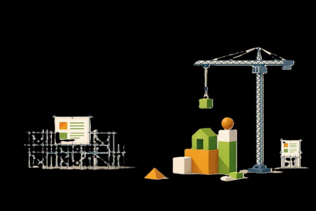 Illustration of a building under construction with scaffolding and workers
