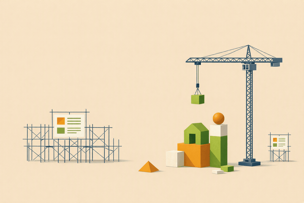 Illustration of a building under construction with scaffolding and workers